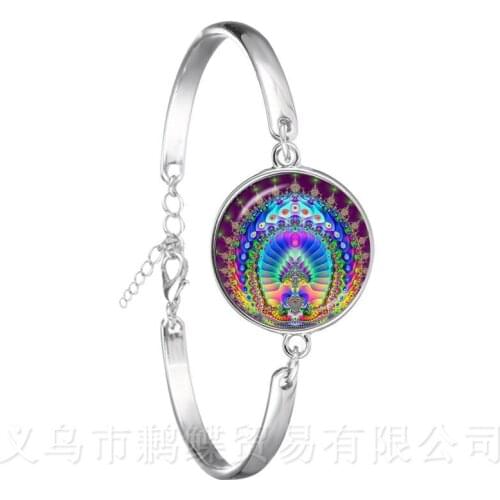 Tree of Life Meditation Leather Bracelet Handmade Chakra Jewelry 20mm Glass Cabochon Black/Brown Adjustable Bangle