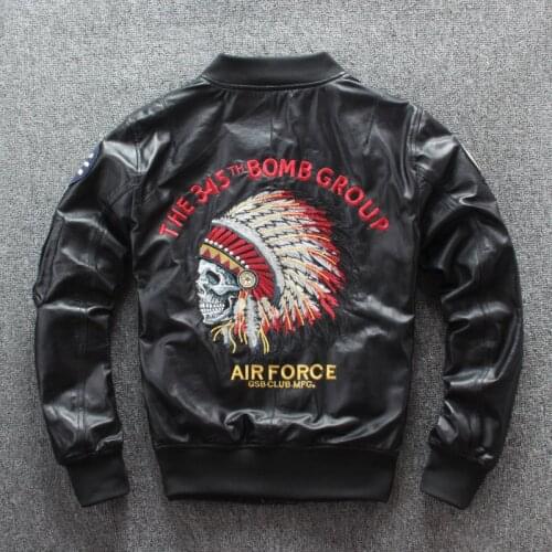 Mens Genuine Motor Biker Indian Skull Patch sheepskin Bomber Jacket Leather coat