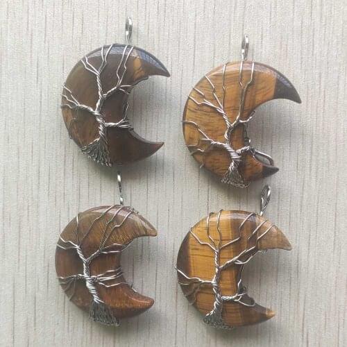 New fashion natural tiger eye stone tree Of Life Moon Shape pendants for For Men Women Jewelry Wholesale 4pcs/lot free shipping