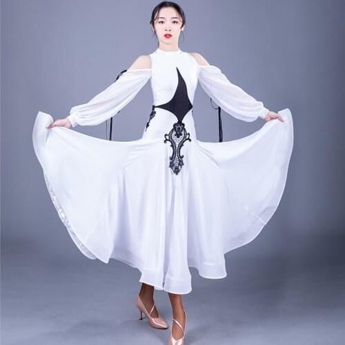 New Ballroom Dance Dress Female Long Sleeve White Standard Dance Clothes Ballroom Dance Competition Dress Waltz Outfit VO662