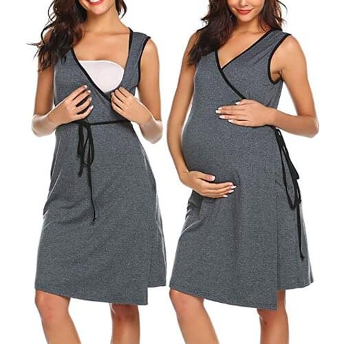 Nursing Pyjama Woman V-neck Solid Sleeveless Breast-feeding Pregnant Maternity Nursing Dress Pijama Maternidad Y Lactancia