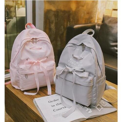 Casual Ribbon Design School Backpack Women Solid Color Canvas School Bag For Teenage Girls Travel Rucksack Lady Q014
