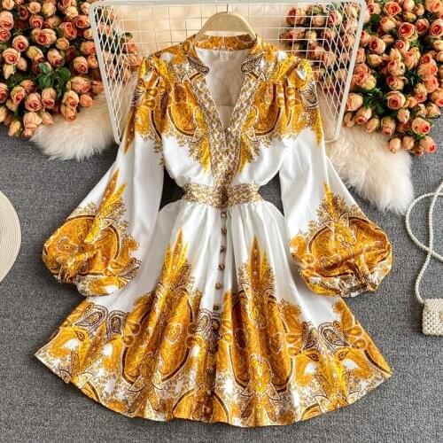 High Waist A-Line Dresses Women Autumn Long Sleeve Spring Vintage Boho Party Dress Elegant 2021 Floral Print Vestidos Femme