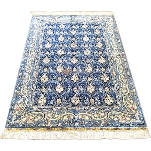 Seeykeep™ 4x6ft Silk Handknotted Rug With Stunning Floral Design Azure Backcolor-NY3016009