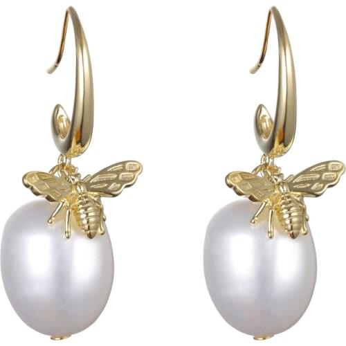925 Sterling Silver Jewelry Gold Plated Animal Buzzy Bee Freshwater Pearl Dangle Drop Earrings Party Jewelry accessories Gifts