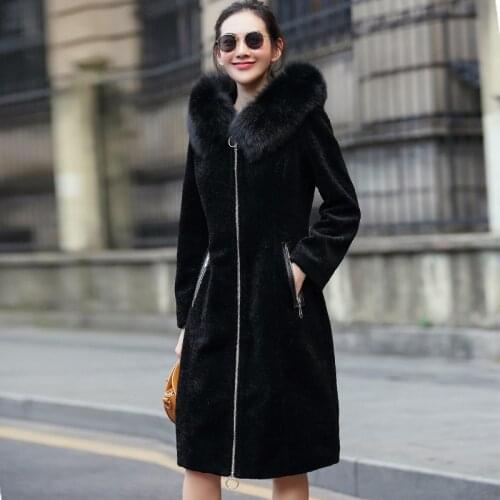 Shearing Sheep Real Fur Coat Female Natural Wool Jackets For Women Winter Warm Slim Fur Coats Fox Fur Collar Hood WYQ937 s