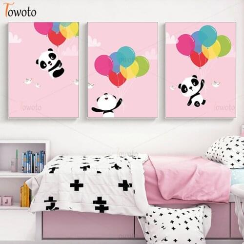 Little Panda Colorful Balloon Posters and Prints Cartoon Canvas Painting Pink Nursery Wall Art Kids Poster Baby Bedroom Decor