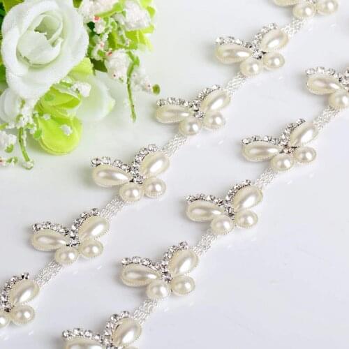 High Quality Sewing Rhinestone Trimming DIY Garment Clothes Pearl butterfly Glass Rhinestone Applique Trim