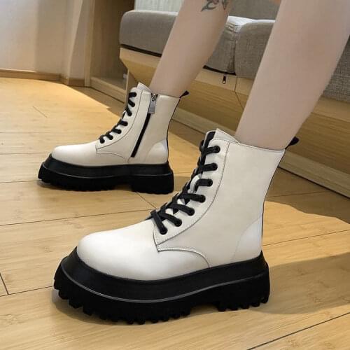 Ankle Boots Women 2021 Winter High Platform Thick Heels Chunky for Platform Boots Flat Shoes Autumn Punk Leather Motorcycle Boat