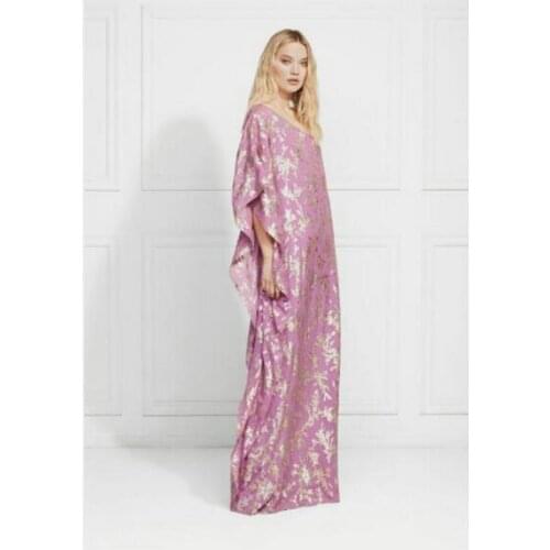Metallic Golden Embroidery Jacquard Ruffles One-Shoulder Crepe Chiffon Gown Lavender Draped Tulle Vacay Kaftan Long Maxi Dress