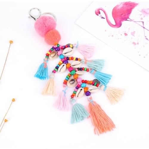 1Pc Summer Style Colorful Thread Tassel Sea Shell Pendant Keyring PomPom Women Handbag Gift Jewelry Supplies E2745/E2746