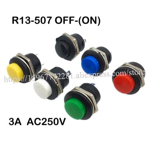 100PCS mini push button switch R13-507 OFF-(ON) 3A 250VAC 16mm Rocker Switch red yellow blue green white black