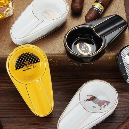 2021 New Cigar Ceramic Portable Ashtray Outdoor Cigar Utensils Round Four-color Yellow Horse Pattern Ashtray Gift Box