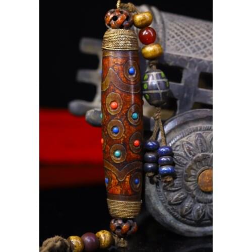 5"Nepal Buddhism Old Natural agate Filigree mosaic gem Nine eyes Dzi Bead Town House Exorcism Ward off evil spirits