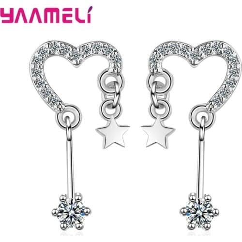 Shiny Heart Stars Crystal Zircon Dangle Earring 925 Sterling Silver Fine Jewelry for Women Birthday Valentines Gifts