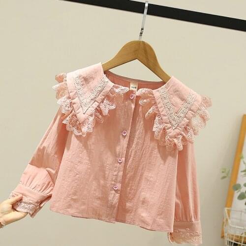 Girls Blouses Shirts 2021 New autumn Lace Buttons Peter Pan Collar Sweet Simple Designed Students Lovely Kids Korean Style Chic