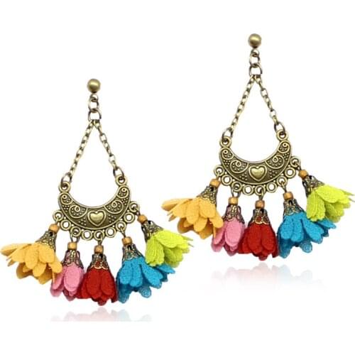 Bohemian Multicolor Exaggeration crescent crescent Pendant Hand DIY Cloth Flower Earrings Retro For Women Charms Holiday Jewelry