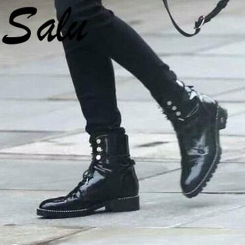 Salu Women Patent Leather Boots Brogue Carved Ankle Boots Fashion Chelsea Square Heels Ladies Booties Spring Shoes Woman Size 42