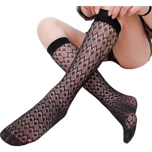 Ladies Fishnet Stockings Sexy Hollow Out Lace Black Stockings Women Elasticity Thin Transparent Silk Knee High Socks