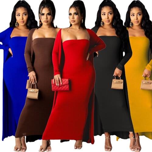 Echoine Strapless Bodycon Long Dress Long Cardigans Outwear Sexy Two Piece Set Plus Size Party Night Clubwear Outfits Autumn