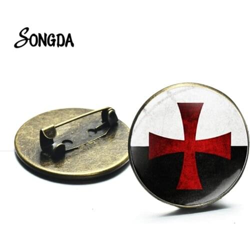 Christian Army Crusader Red Cross Mens Lapel Pin Knights Templar Symbol Freemason Masonic Glass Bronze Color Brooch Badge