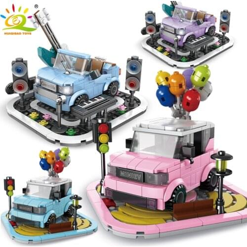 HUIQIBAO City MIni Balloon Car Street View Building Blocks Automobile Sport Truck with Figures Bricks Children Construction Toys