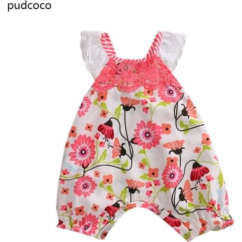 Lace Ruffled Sleeve Floral Rompers Infant Baby Girls Lace Cotton Print One Piece Romper Jumpsuit Clothes Outfits Infant Clothing