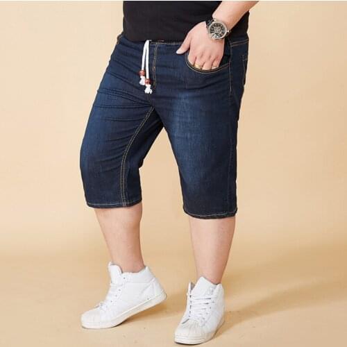 Mens Plus Size Summer Fashion Elastic Waist Stretch Jeans Knee Length Drawstring Breeches Baggy Short Pants Roupa Masculina