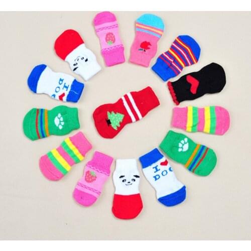 4pcs Cute Puppy Socks Dog Soft Warm Cotton Anti-slip Bright Blue Grey Cat Shoes Autumn Winter Indoor Wear Slip On Paw Protector