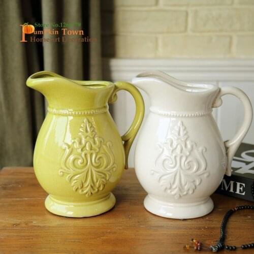 NEW French country Rural style do old ceramic vase,Mediterranean white green yellow handle Vase,vintage art deco ceramic jar/pot