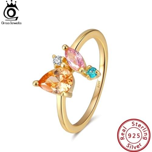 ORSA JEWELS 925 Sterling Silver Multi-colored Stone Finger Rings for Women 18K Gold Plated Various Shapes Zircon Jewelry SR206