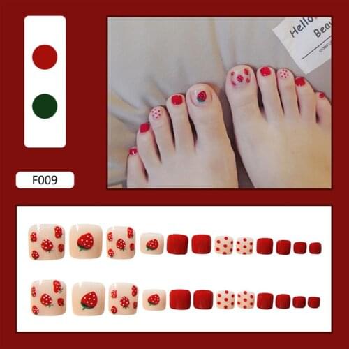 Cute False Toe Nails Art Tips Summer Green Leaves Strawberry Red Acrylic Fake Toenails Plastic Nail for Girls Dropship