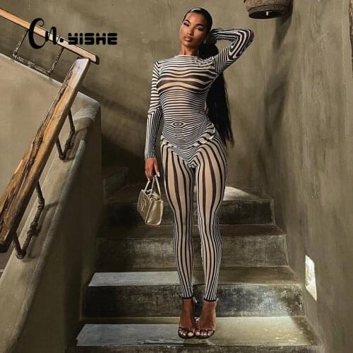 CNYISHE Sexy Paisley Print Midnight Two Piece Pant Sets Suits Women Tracksuit High Street Sexy Hipster Mesh Outfits Co-ord Set