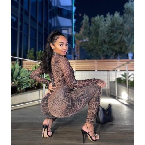 Adogirl 2021 Long Sleeve Fashion Print Mesh See-through Bodycon Jumpsuit Night Club Autumn Winter Women Streetwear Outfits