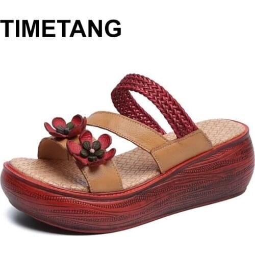TIMETANG Genuine Leather Floral Summer Shoes Women Slippers 2021 New Wedges Outside Slides Handmade Leisure Ladies Slippers