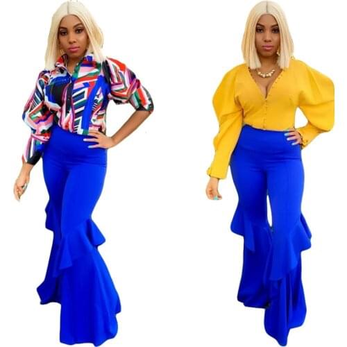 Solid Elastic High Waist Ruffles Pants Women Double Ruffles Wide Leg Long Pants Elegant Flare Pants Casual Streetwear Mujer Pant