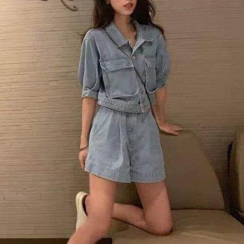 Women Two-piece Suit Set 2021 Spring New Style Street Fashion Denim Double Pocket Jacket Coat and Jeans Shorts Sweet Streetwear