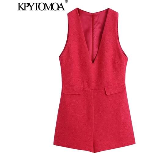 KPYTOMOA Women 2021 Fashion With False Flap Pockets Tweed Playsuits Vintage V Neck Sleeveless Back Zipper Female Jumpsuits Mujer