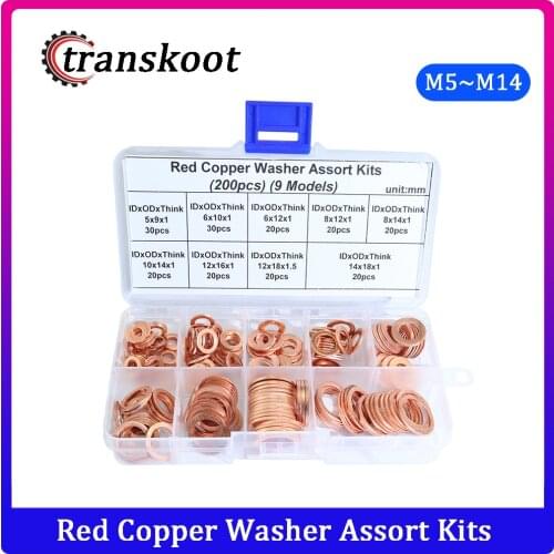 200pcs Professional M5-M14 Assorted Copper Washer Gasket Set Flat Ring Seal Assortment Kit with Box For Hardware Accessories