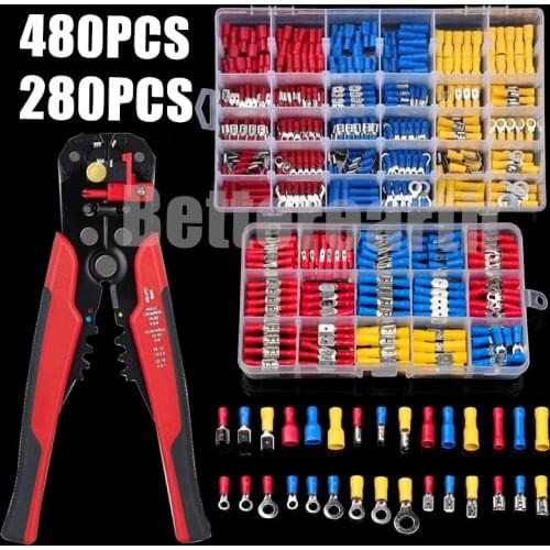 280/480PCS Assorted Insulated Spade Butt Ring Fork Ring Lugs Rolled Cable Terminals Electrical Crimp Connector + Wire Stripper