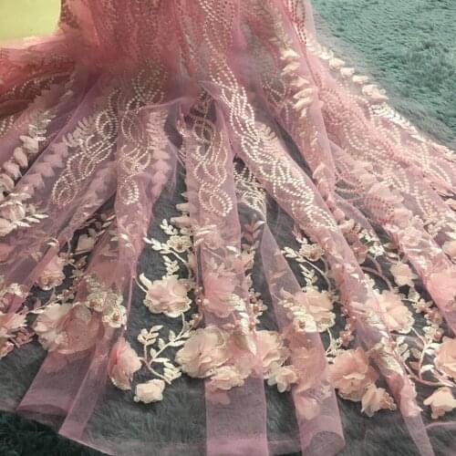 3D Flowers In Pink French Lace Fabric 2020 High Quality Lace Net African Lace Fabric With Beads Lace Fabrics For Wedding M2585