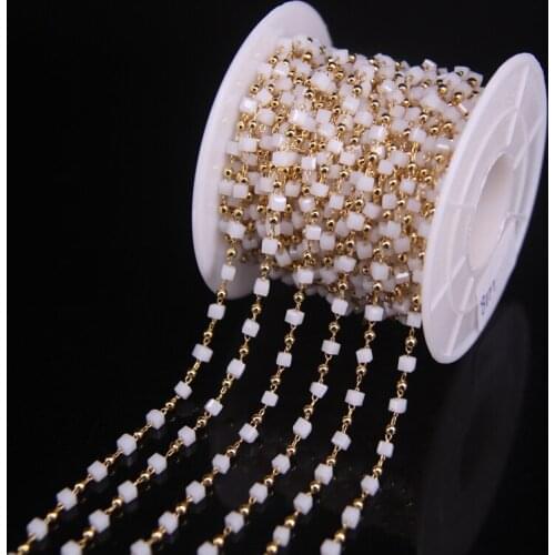 5Meter Small Porcelain White,Glass Bead Copper beads Chain Plating gold,2.5mm Square Beads Crysta Wrapped Rosary Chain Necklace