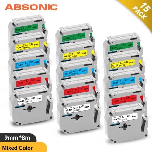 Absonic 15PK MK221 MK-221 M-K221 MK-421 MK-521 MK-621 MK-721 9mm x 8m Label Tape Compatible for Brother P-touch PT-80 Printer