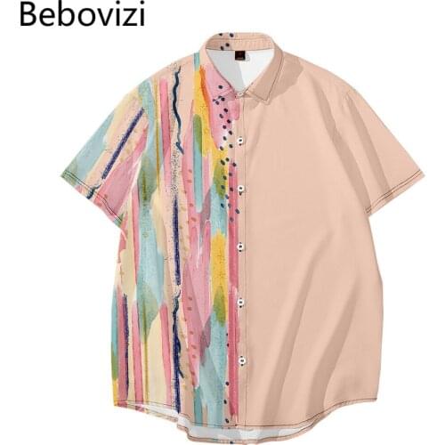 Bebovizi Fashion Patchwork Striped Print Short Sleeved Pink Shirt Summer Men Loose Hawaiian Shirt Camisas Top Clothing