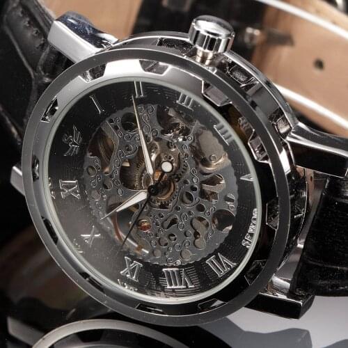 New casual fashion sewor skeleton men military business clock leather mechanical hand wind wrist dress luxury sport watch gift