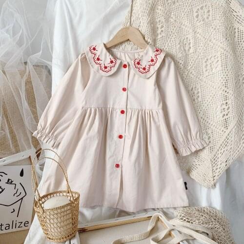 Children Clothing 2021 Spring Summer New Girl Puff Sleeve Dress Pastoral Style Doll Collar Embroidery Long Sleeve Princess Dress