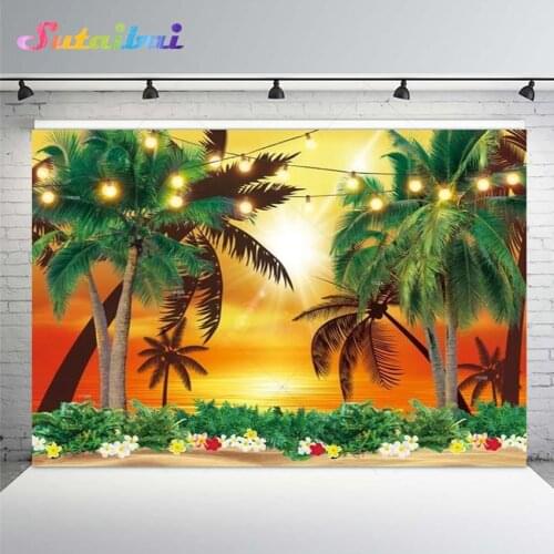Summer Sunset Beach Photo Background Tropical Palm Tree Flowers Sea Birthday Party Hawaii Holiday Portrait Photography Backdrop
