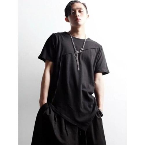 Mens summer new fashion trend personality dark leisure half pull rope round collar loose large size short sleeve T-shirt