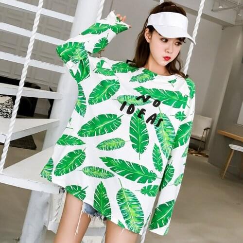 T-shirts Women Long Sleeve O-Neck Harajuku Korean Style Leaves Printing Fashion Womens Loose Students Trendy Female Clothing