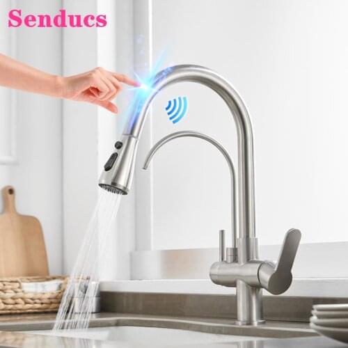 Hot Cold Pull Out Kitchen Faucets Smart Touch Filter Kitchen Faucet Luxury Brushed Nickel Sensitive Sensor Touch Kitchen Tap